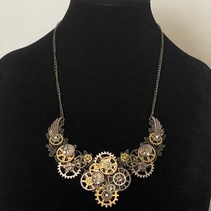 Steampunk Gear Necklace in Gold and Silver, clear rhinestone